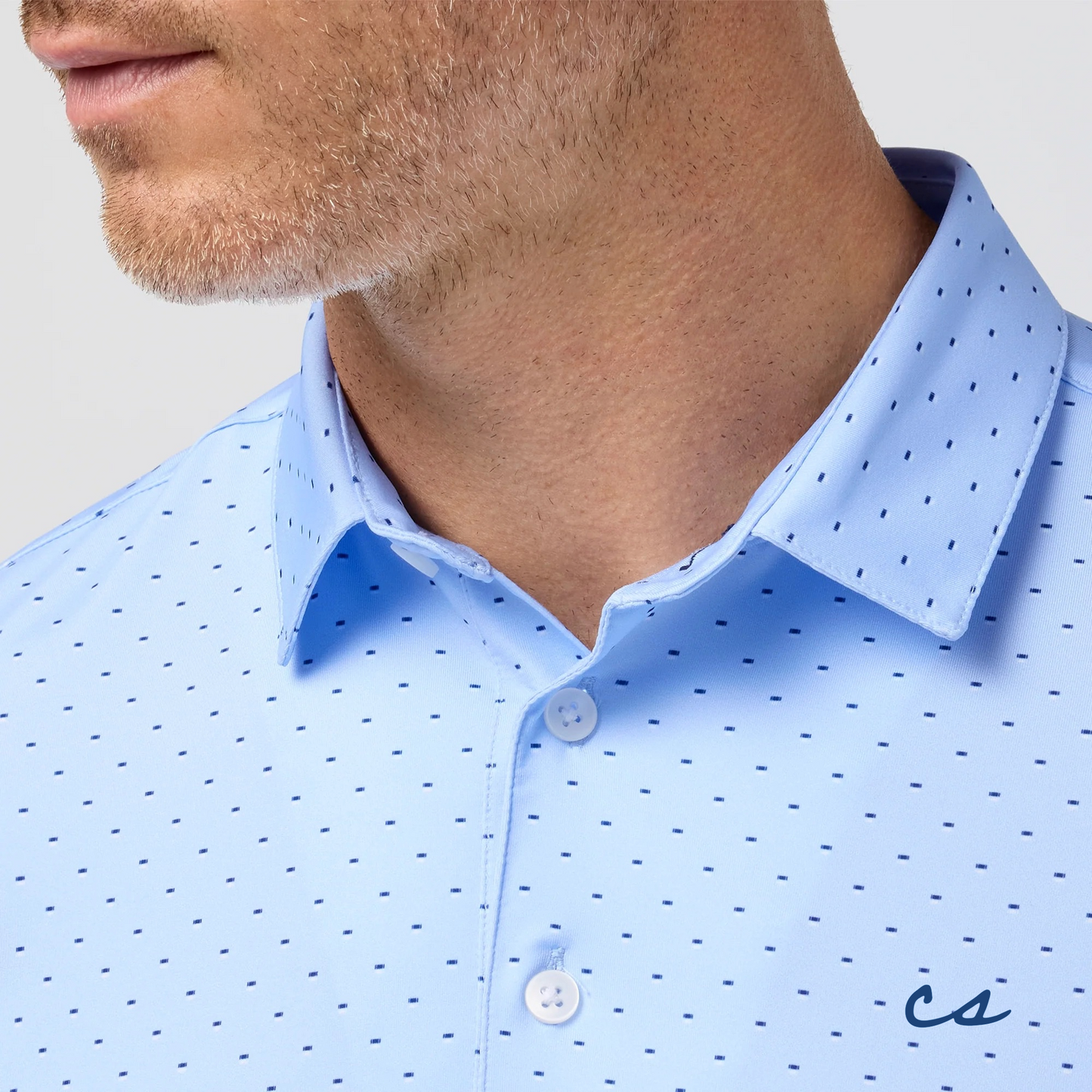 The Chalkboard Polo by Mizzen+Main (Cloud Blue Stacked Geo)
